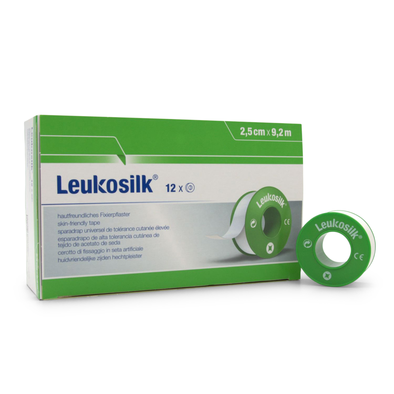Leukosilk® Rollenpflaster (9,2 m x 2,5 cm, weiße Acetatseide, m. Schutzring)