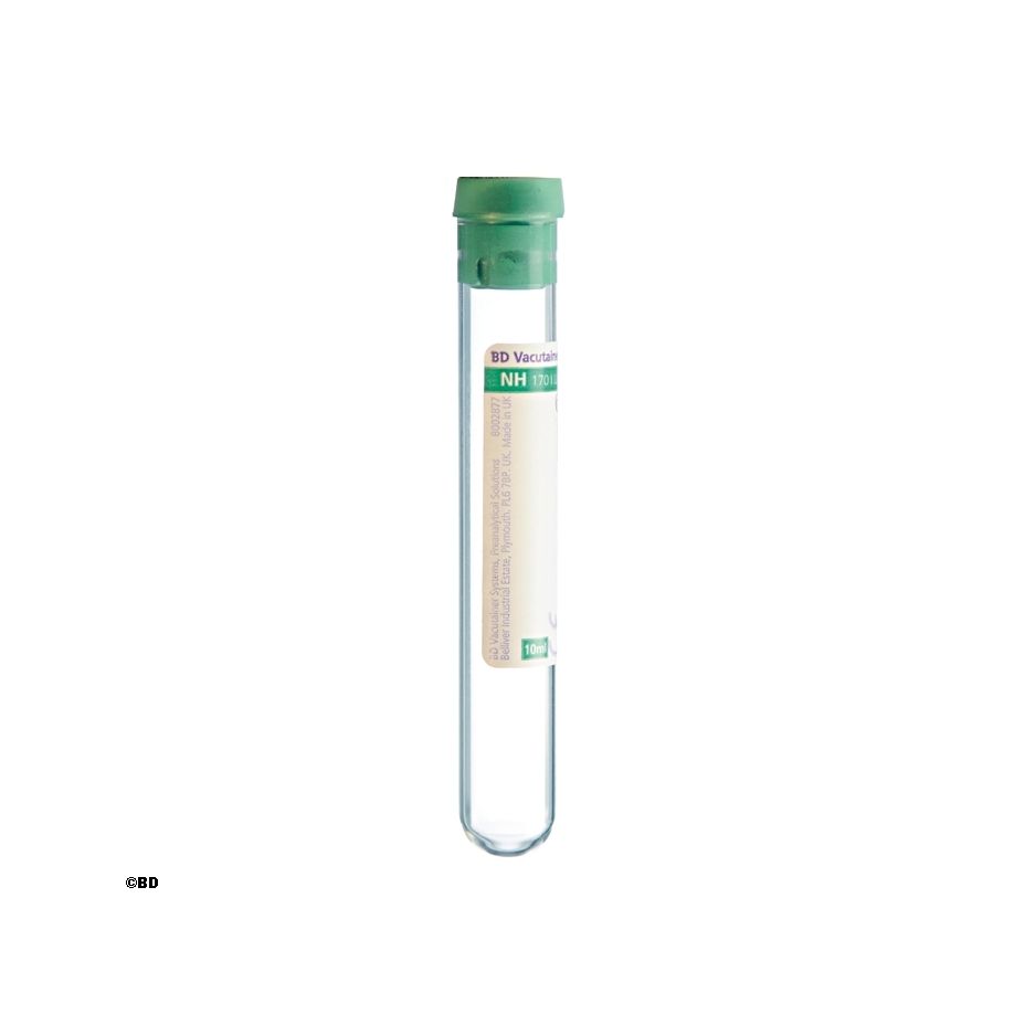 BD Vacutainer® Heparinröhrchen mit koventionellem Verschluss (10 ml, 16 x 100 mm, aus Glas, grüner Stopfen, Papieretikett)