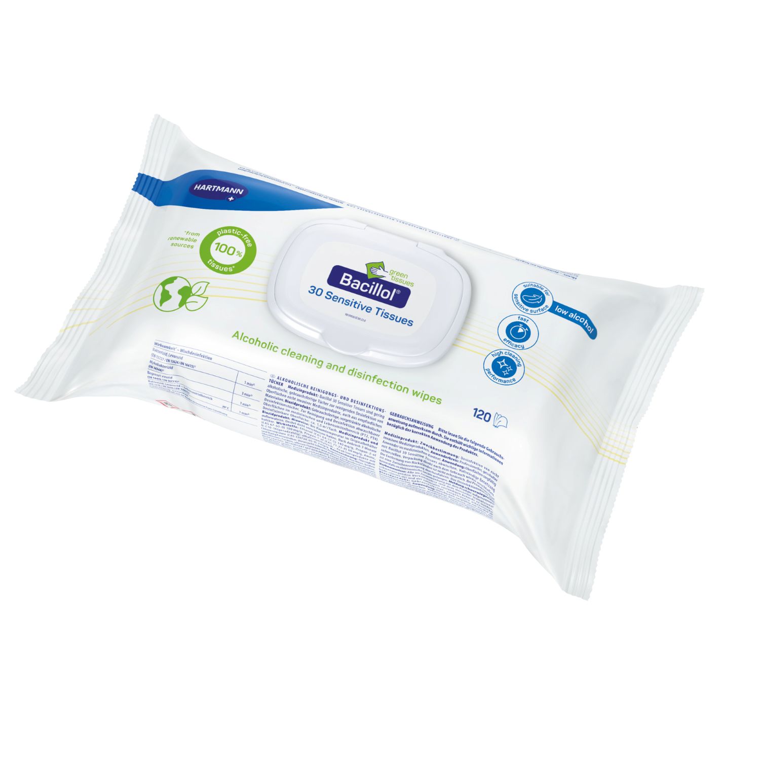 Bacillol 30 Sensitive Green Tissues (20 x 17 cm, 120 Tücher, Flow-Pack)