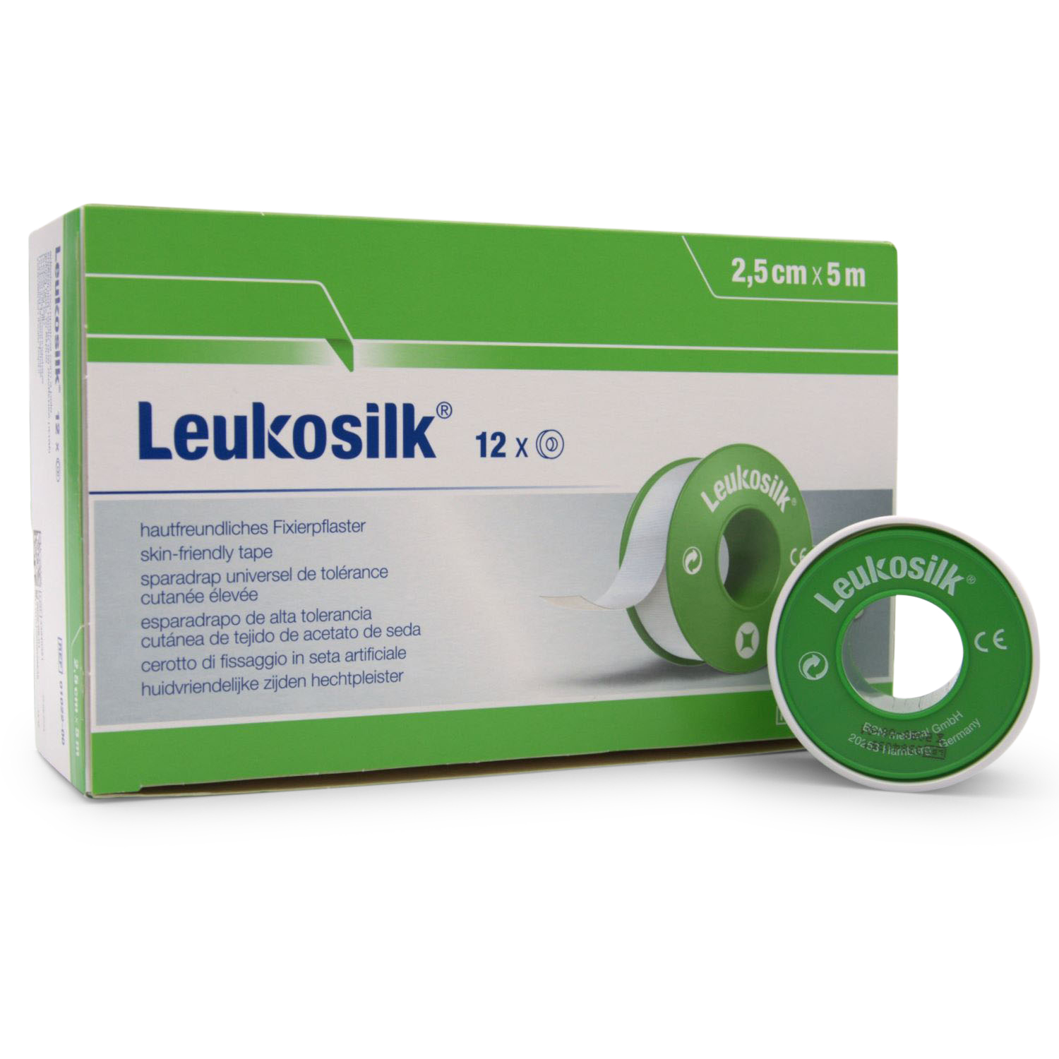 Leukosilk® Rollenpflaster (2,5 cm x 5 m, weiße Acetatseide, m. Schutzring)