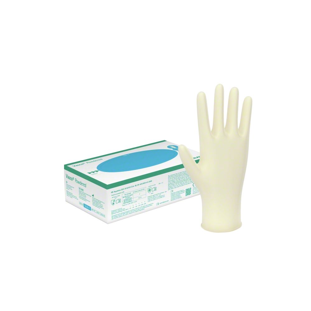 Vasco® powdered Untersuchungshandschuhe (Gr. M, weiß, Latex, gepudert, unsteril, PSA Kat. 3)