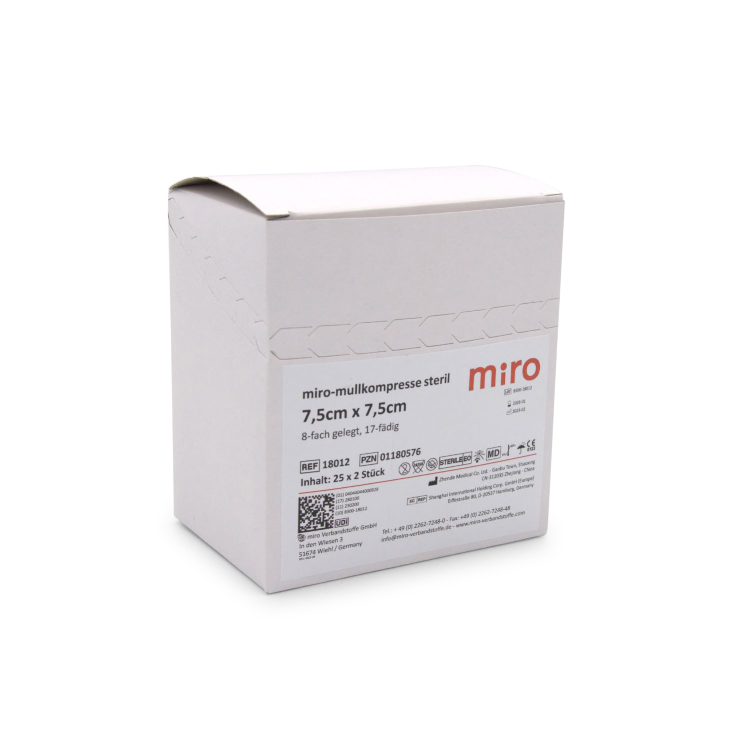 miro Mullkompressen (7,5 x 7,5 cm, 8-fach, steril)