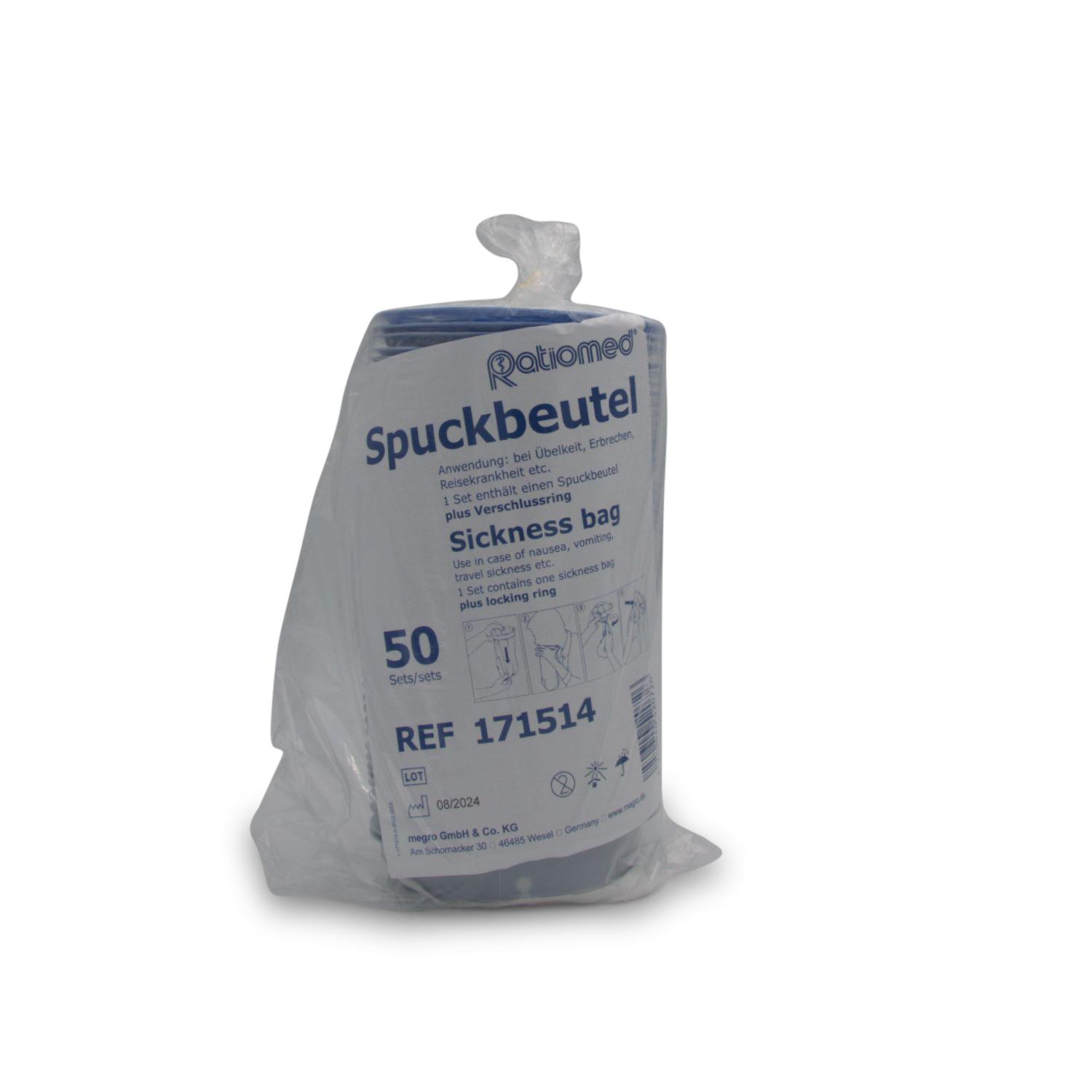 Spuckbeutel ratiomed (1500 ml, ca. 37 cm lang, Kunststoffverschlussring Ø 12 cm)