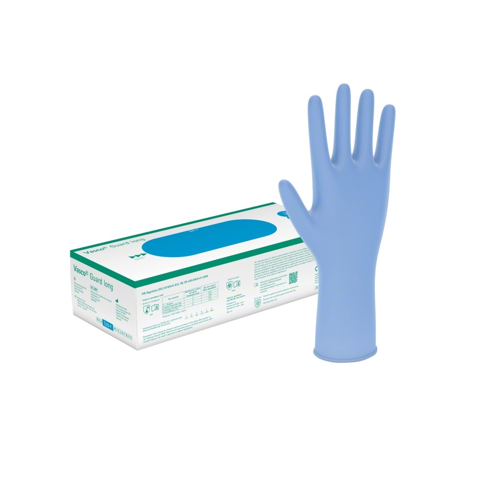 Vasco® Guard Long Untersuchungshandschuhe (Gr. M, blau, Nitril, unsteril, PSA Kat. 3)
